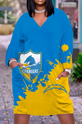 Blue Yellow Casual Graphics Print O Neck Long Sleeve Plus Size Dallas Cowboys Jersey A Line Maxi Steeler Dress