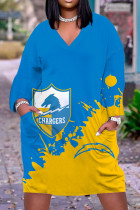 Vestidos retos azul amarelo estampado casual patchwork decote em v