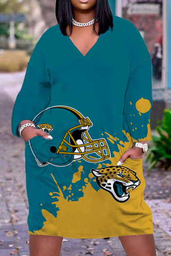 Cyanine Casual Graphics Print O Neck Long Sleeve Plus Size Dallas Cowboys Jersey A Line Maxi Steeler Dress