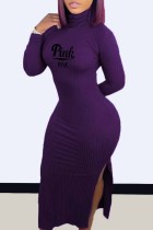 Темно-фиолетовый сексуальный принт с разрезом и буквенным вырезом, одноступенчатая юбка, платья
