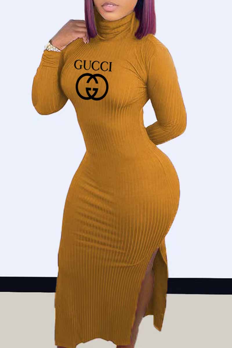 

Orange Sexy Print Slit Letter Turtleneck One Step Skirt Dresses