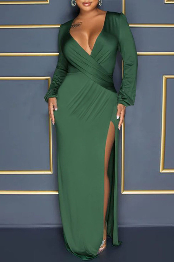 Зеленые сексуальные сплошные лоскутные прямые платья с разрезом и V-образным вырезом