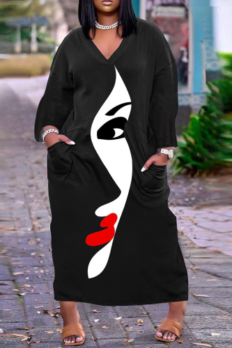 Black Casual Print Patchwork V Neck Straight Dresses