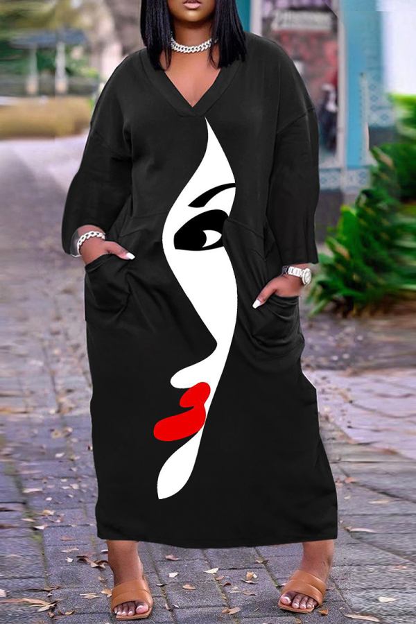 Черные повседневные прямые платья с принтом в стиле пэчворк и V-образным вырезом