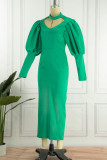 Verde elegante sólido ahuecado hacia fuera patchwork medio cuello alto lápiz falda vestidos