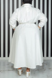 Vestido de camisa branco casual com fivela de patchwork sólido com gola virada para baixo
