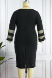 ブラックカジュアルソリッドパッチワークOネックストレートプラスサイズのドレス