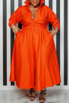 Оранжево-красное повседневное однотонное платье-рубашка в стиле пэчворк с отложным воротником и пряжкой Платья больших размеров