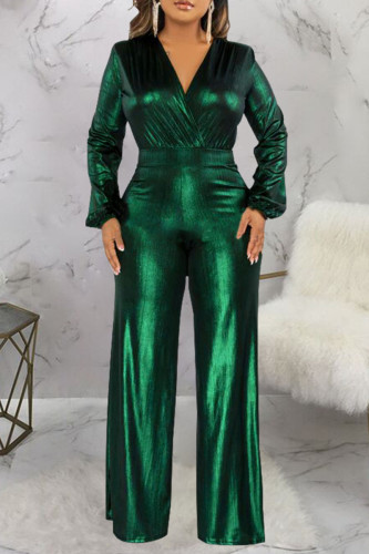 Green Casual Solid Patchwork V Neck Straight Jumpsuits