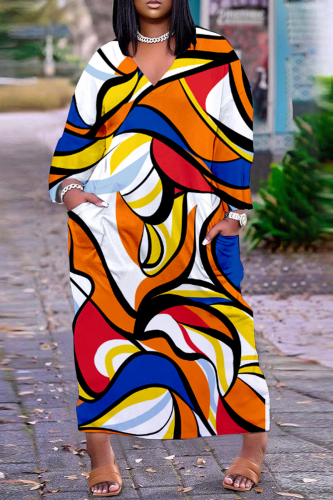 Orange Casual Print Patchwork V Neck Straight Dresses
