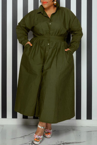 Army Green Casual Solid Patchwork Buckle Turndown Collar Shirt Dress Plus Size Dresses