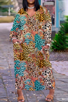 Леопардовый принт Повседневная печать Пэчворк V-образный вырез Прямые платья