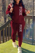 Burgundy Casual Print Letter Hooded Collar Long Sleeve Two Pieces