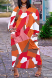 Vestidos rectos con cuello en V y patchwork con estampado casual naranja