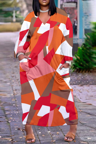 Tangerine Red Casual Print Patchwork V Neck Straight Dresses