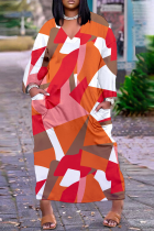 Vestidos retos com estampa casual vermelho tangerina patchwork decote em v