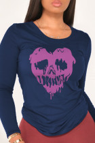 Navy Blue Street Party Skull Patchwork O Neck Tops