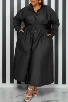 Robe chemise à col rabattu décontractée en patchwork uni noir Robe de grande taille
