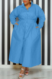 レイク ブルー カジュアル ソリッド パッチワーク バックル ターンダウン カラー シャツ ドレス プラス サイズ ドレス