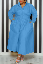 レイク ブルー カジュアル ソリッド パッチワーク バックル ターンダウン カラー シャツ ドレス プラス サイズ ドレス