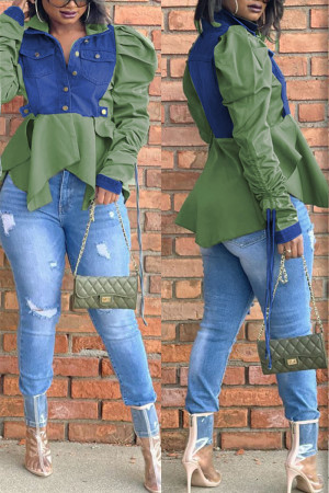 Green Casual Solid Patchwork Buckle Asymmetrical Turndown Collar Long Sleeve Straight Denim Jacket