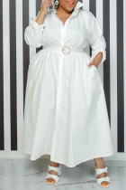 Vestido camisero con cuello vuelto y hebilla de retazos liso informal blanco Vestidos de talla grande