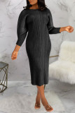 Black Casual Solid Patchwork Fold O Neck Straight Dresses