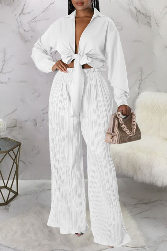 White Sexy Solid Bandage Patchwork Fold Long Sleeve Two Pieces