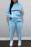 Tibetan Blue Street Print Letter Hooded Collar Long Sleeve Two Pieces