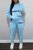 Sky Blue Street Print Letter Hooded Collar Long Sleeve Two Pieces