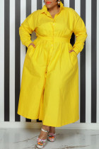 Gelbes, lässiges, solides Patchwork-Schnallen-Hemdkleid mit Umlegekragen, Plus-Size-Kleider