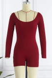Красная сексуальная спортивная одежда, однотонные лоскутные узкие комбинезоны с U-образным вырезом