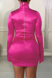 ピンク ストリート ソリッド パッチワーク ジッパー カラー ペンシル スカート ドレス