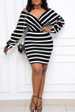 Kaki Casual Striped Print Patchwork V Neck Pencil Skirt Robes de grande taille