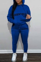 Royal Blue Street Print Letter Hooded Collar Long Sleeve Two Pieces
