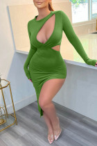 Green Sexy Solid Hollowed Out Patchwork Slit O Neck Pencil Skirt Dresses
