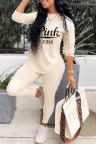 Cream White Street Print Letter O Neck Long Sleeve Two Pieces