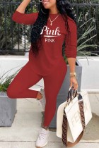 Red Street Print Letter O Neck Long Sleeve Two Pieces