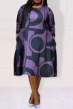 Фиолетовый Повседневный принт Пэчворк O-образным вырезом Прямые платья больших размеров