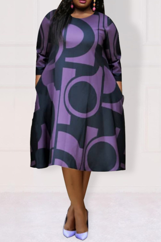 Purple Casual Print Patchwork O Neck Straight Plus Size Dresses
