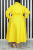 Vestido amarelo casual sólido patchwork com fivela gola redonda camisa vestidos tamanho grande