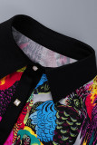 Top taglie forti con colletto rovesciato con fibbia patchwork con stampa casual multicolore