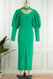 Verde elegante sólido ahuecado hacia fuera patchwork medio cuello alto lápiz falda vestidos