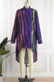 Robe de chemise à col rabattu avec boucle en patchwork à rayures décontractées de couleur