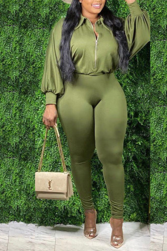 Army Green Casual Solid Zipper Turndown Collar Jumpsuits