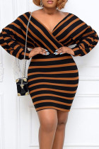 Khaki Casual Striped Print Patchwork V Neck Pencil Skirt Plus Size Dresses