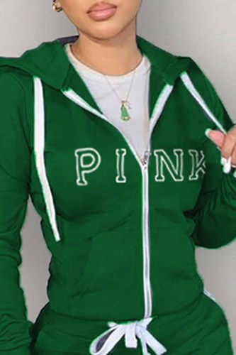 Green Casual Print Letter Hooded Collar Tops