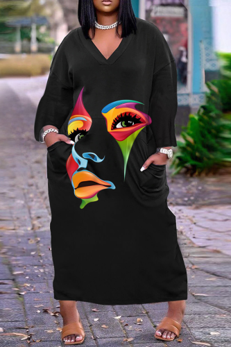 Black Red Casual Print Patchwork V Neck Straight Dresses