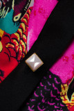 Top taglie forti con colletto rovesciato con fibbia patchwork con stampa casual multicolore