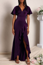 Lila Casual Solid Patchwork Volant Asymmetrischer V-Ausschnitt Abendkleid Kleider